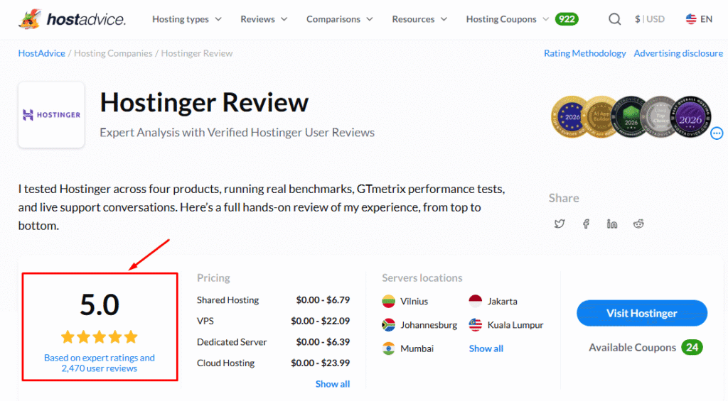 Hostinger Reviews on HostAdvice