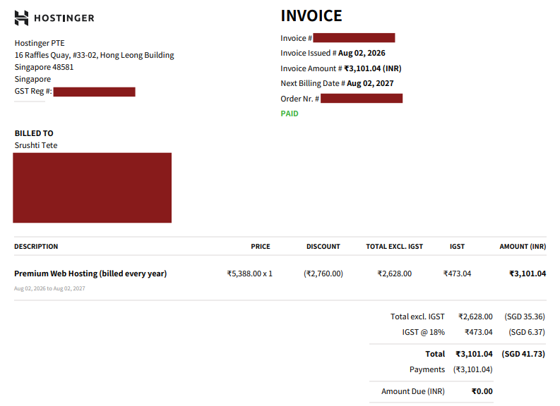 Hostinger invoice screenshot
